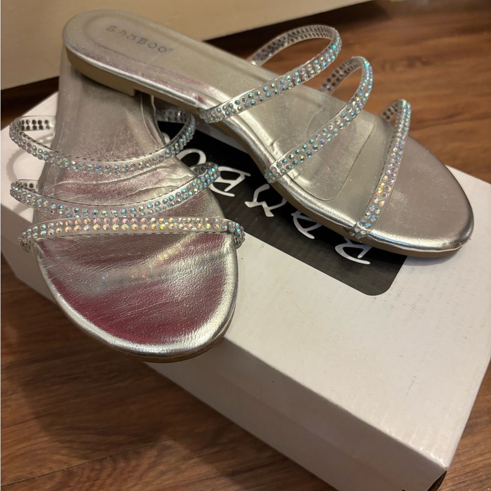 BAMBOO Silver Bejeweled Sandals Slip-On
